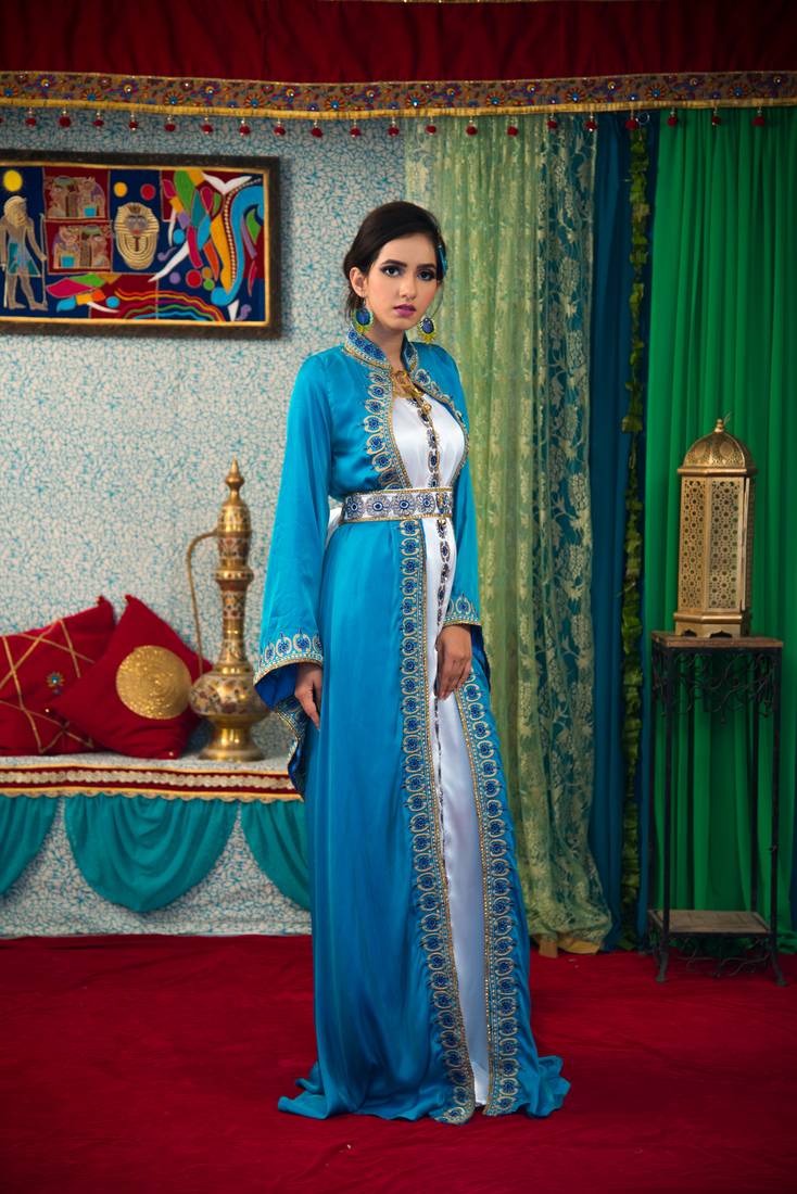 Dark Sea Green And White Color Morrcon Muslim Wedding Dress Kaftan
