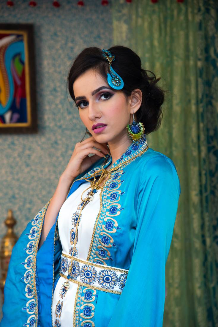 Dark Sea Green And White Color Morrcon Muslim Wedding Dress Kaftan