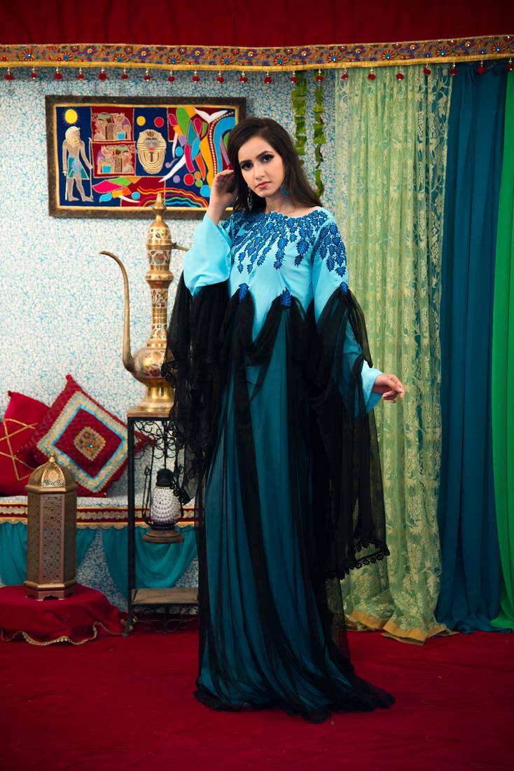 Aqua Blue And Black Modest Muslim Evening Dress - Kolkozy Fashion Private  Limited - 2768494