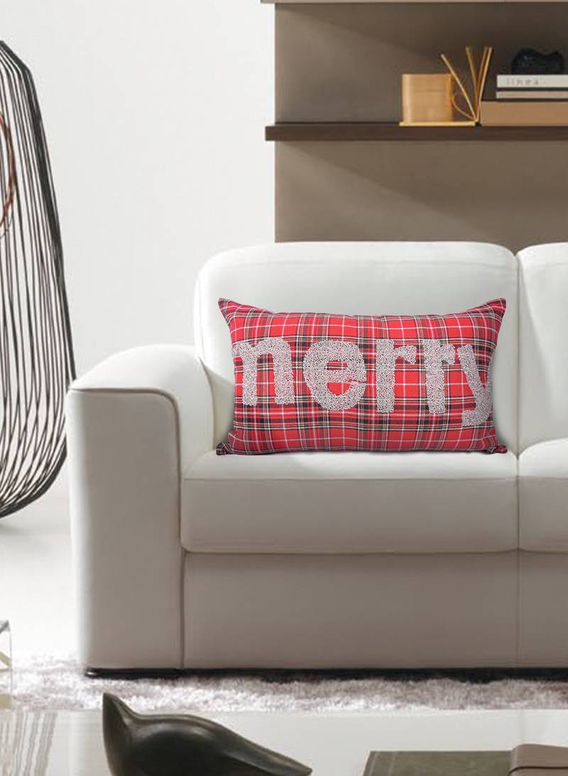 Cotton & Polyster Red Rectangular Cushion Cover- Set of 1 (30 x 50 cm)