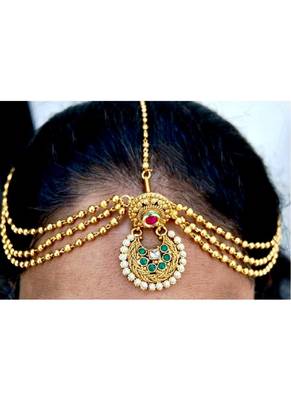 Antique Red Green Maang Tikka with Pearls 1