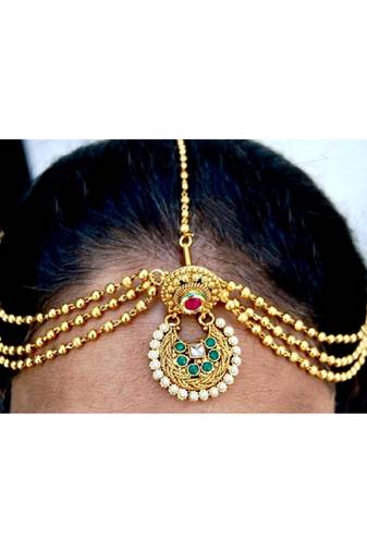 Antique Red Green Maang Tikka with Pearls