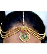 Antique Red Green Maang Tikka with Pearls