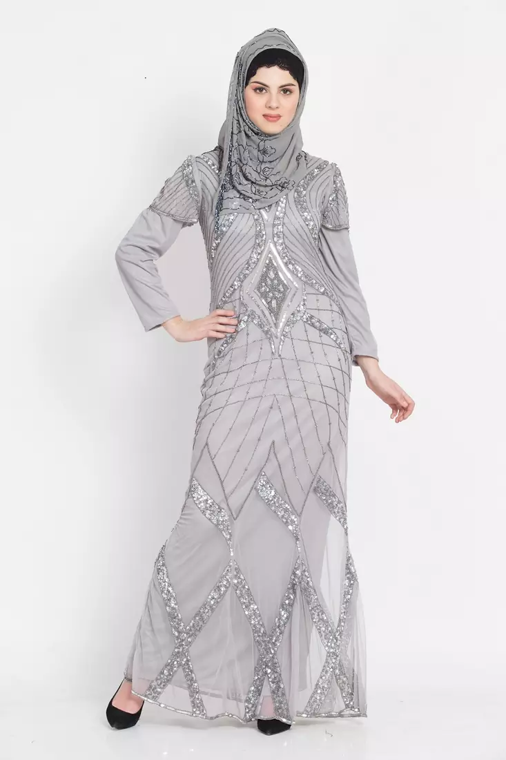Nazneen Full Embellished Grey Party Abaya