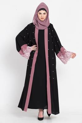 Nazneen  Contrast Band And Lace Pearls Embroidered Dubai Kaftan 1