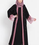 Nazneen  Contrast Band And Lace Pearls Embroidered Dubai Kaftan