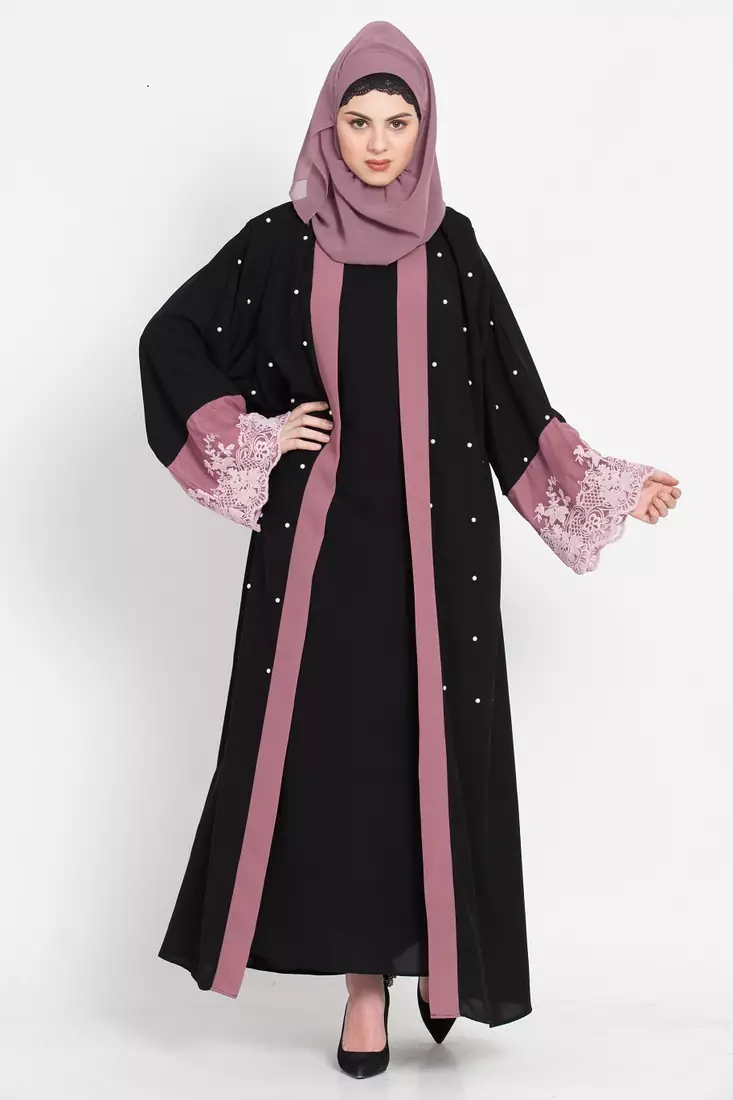 Nazneen  Contrast Band And Lace Pearls Embroidered Dubai Kaftan