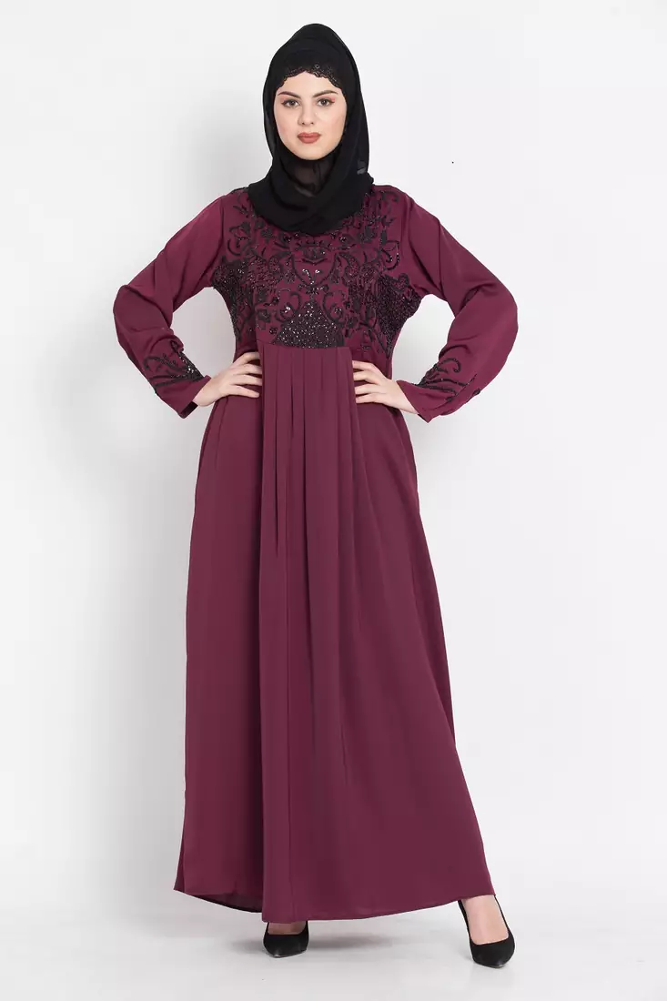 Nazneen Hand Embroidered Wine Party Abaya