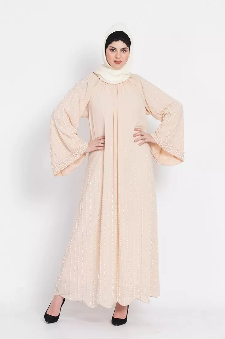 Nazneen Pearls Hand Work Halter Neck Peach Wedding  Abaya