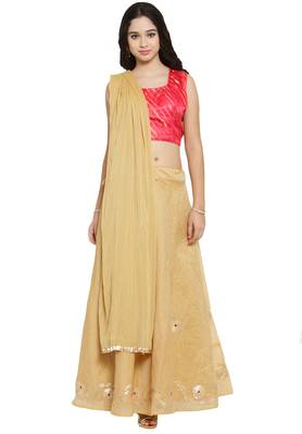 Coral Pink And Gold Chanderi Silk Stitched Lehenga Choli With Dupatta 1
