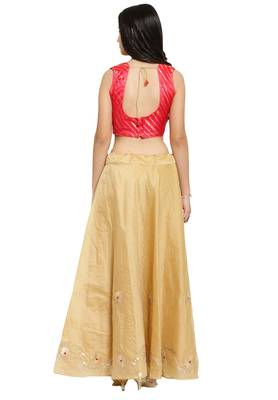 Coral Pink And Gold Chanderi Silk Stitched Lehenga Choli With Dupatta 2
