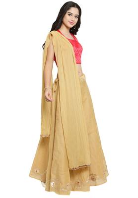 Coral Pink And Gold Chanderi Silk Stitched Lehenga Choli With Dupatta 3