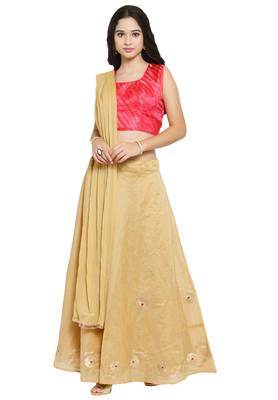 Coral Pink And Gold Chanderi Silk Stitched Lehenga Choli With Dupatta 4