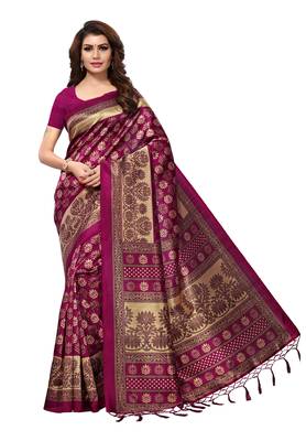 Magenta And Beige Mysore Silk With Jhalor Printed Saree With Blouse 1