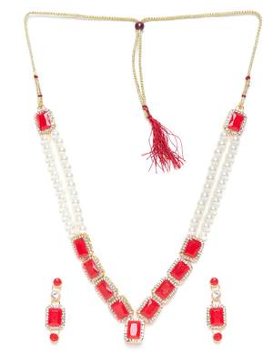 Zerokaata Long Pearl Necklace Set With Beautiful Red Square Stones 2
