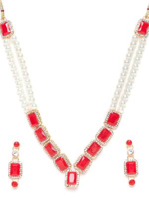 Zerokaata Long Pearl Necklace Set With Beautiful Red Square Stones 3