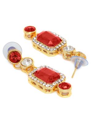 Zerokaata Long Pearl Necklace Set With Beautiful Red Square Stones 4