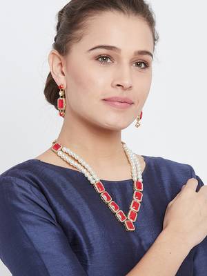 Zerokaata Long Pearl Necklace Set With Beautiful Red Square Stones 1