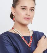 Zerokaata Long Pearl Necklace Set With Beautiful Red Square Stones
