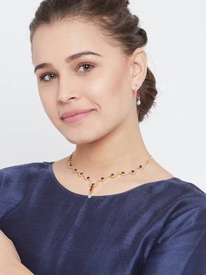 Zerokaata Zircon Embellished Handmade Necklace Set With Red Stones 5