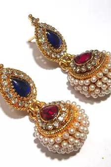 Pink and blue pearl jhumka earring