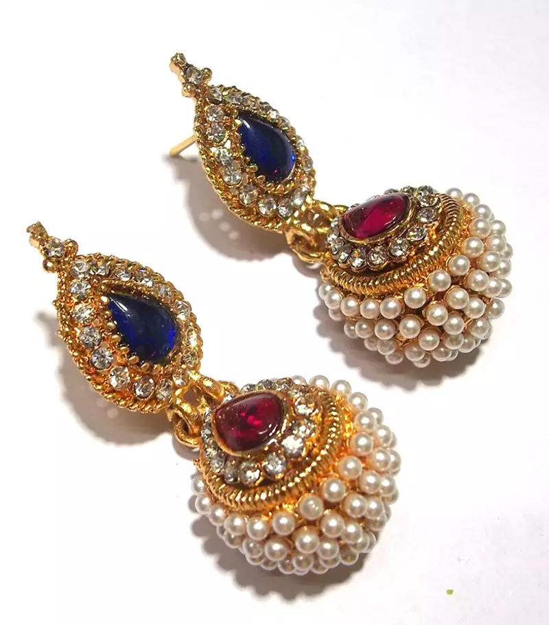 Pink and blue pearl jhumka earring