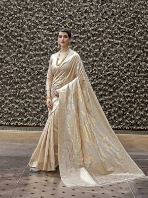 Cream Zari Thread Work Silk Blend Saree With Blouse 1