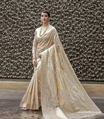Cream Zari Thread Work Silk Blend Saree With Blouse