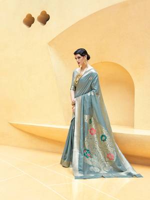 Sea Blue Woven Silk Blend Saree With Blouse 1