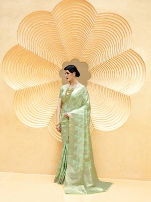 Light Green Zari Thread Work Silk Blend Saree With Blouse 1