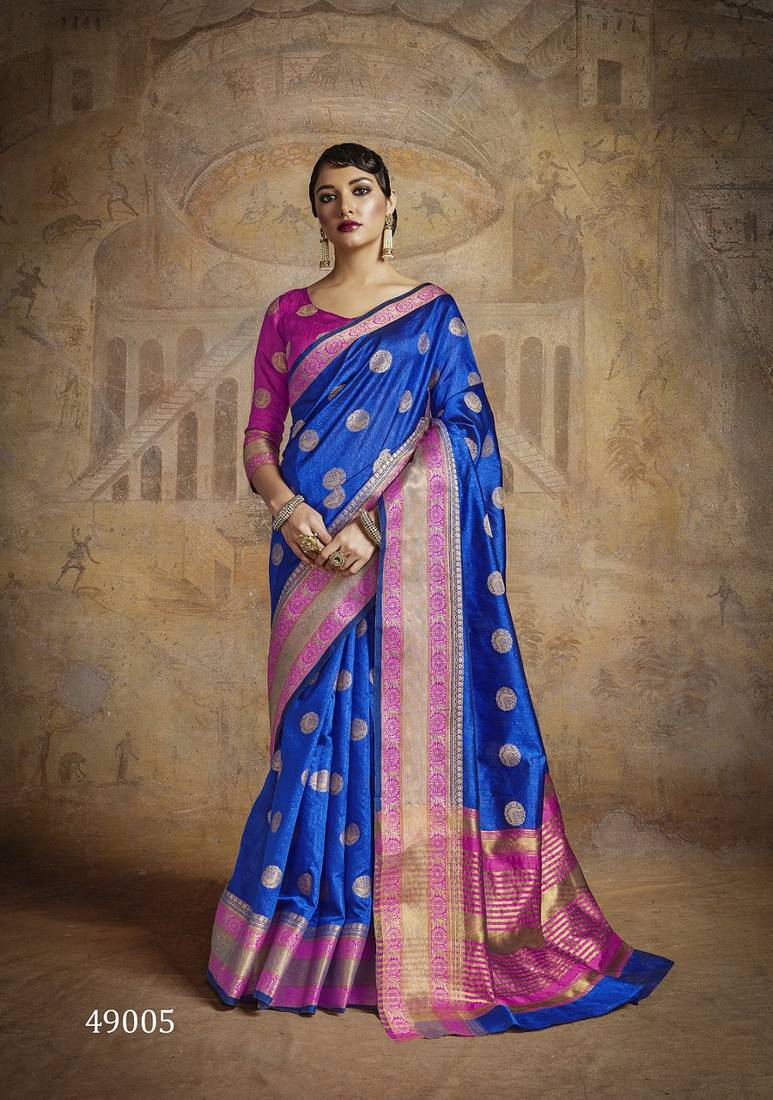 Blue Zari Thread Work Silk Blend Saree With Blouse