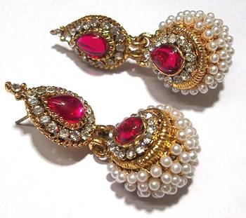 Dark Pink pearl jhumka earring 1