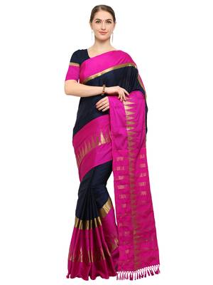 Navy Blue & Magenta Woven Cotton Blend Saree With Blouse 1