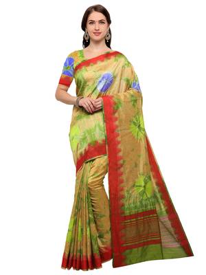 Beige & Green Woven Silk Blend Saree With Blouse 1