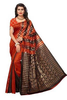 Rust & Brown Woven Lichi Silk Saree With Blouse 1
