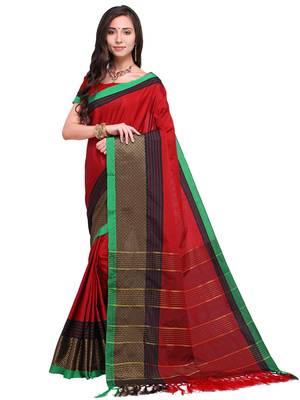 Red Woven Cotton Silk Saree With Blouse 1
