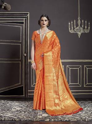 Orange Woven Silk Blend Saree With Blouse 1