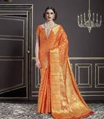 Orange Woven Silk Blend Saree With Blouse