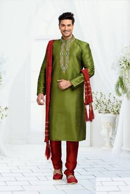 green dupion silk traditional kurta pajama 1