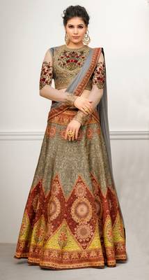 Grey Pure Banarasi Silk Embroidered Semi Stitched Lehenga Choli With Dupatta 1