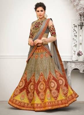 Grey Pure Banarasi Silk Embroidered Semi Stitched Lehenga Choli With Dupatta 2