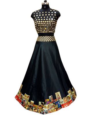 Black printed taffeta silk lahenga with black taffeta blouse 1