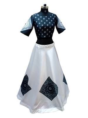 Black printed taffeta silk lahenga with black taffeta blouse 1