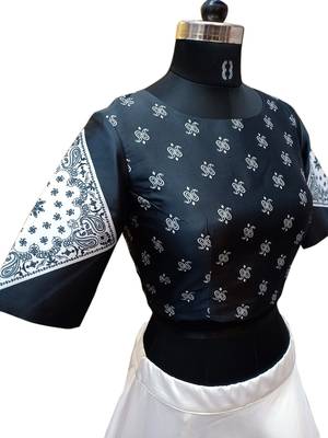 Black printed taffeta silk lahenga with black taffeta blouse 2