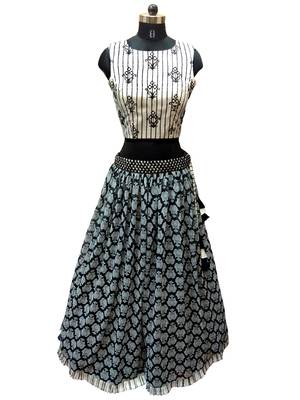 Black printed georgette lahenga with black taffeta blouse 1
