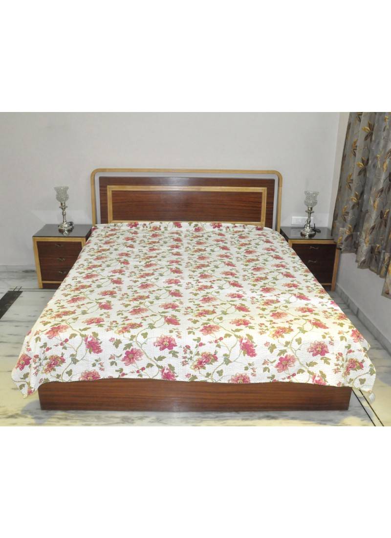 Kantha Work Decoative Floral Print Bedsheets 110 X 90 Inches