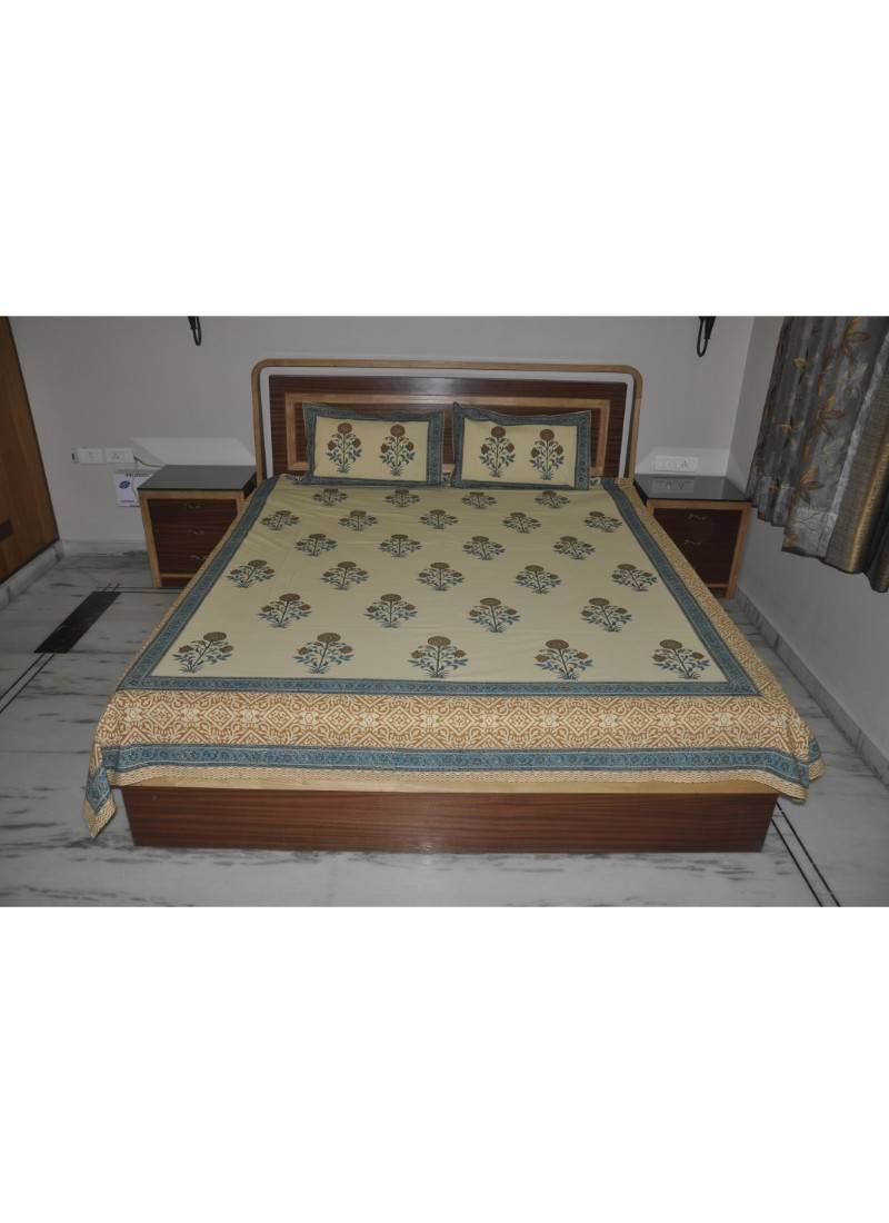 Jaipuri Block Print Double Bedsheet With 2 Pillow Covers 107 X 93 Inches