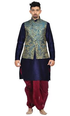 Blue Plain Art Silk Dhoti Kurta 1