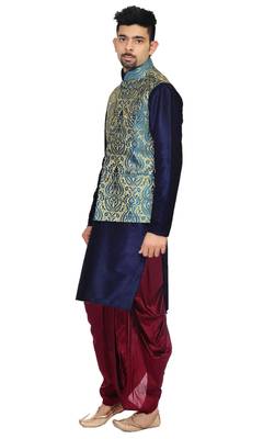 Blue Plain Art Silk Dhoti Kurta 2