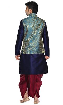 Blue Plain Art Silk Dhoti Kurta 3